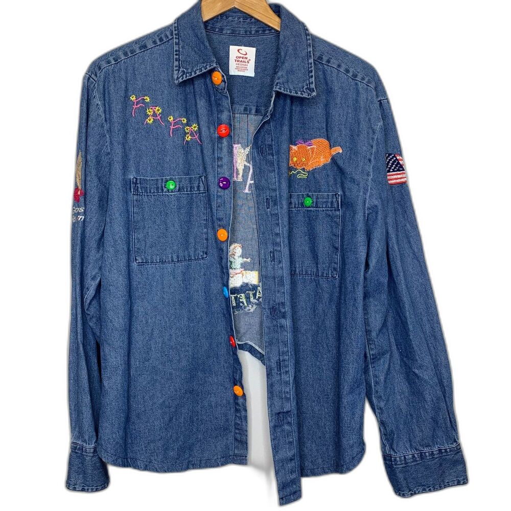 Open Trails Denim Shirt Colorful Embroidered Patriotic USA Faith Cat FAFA